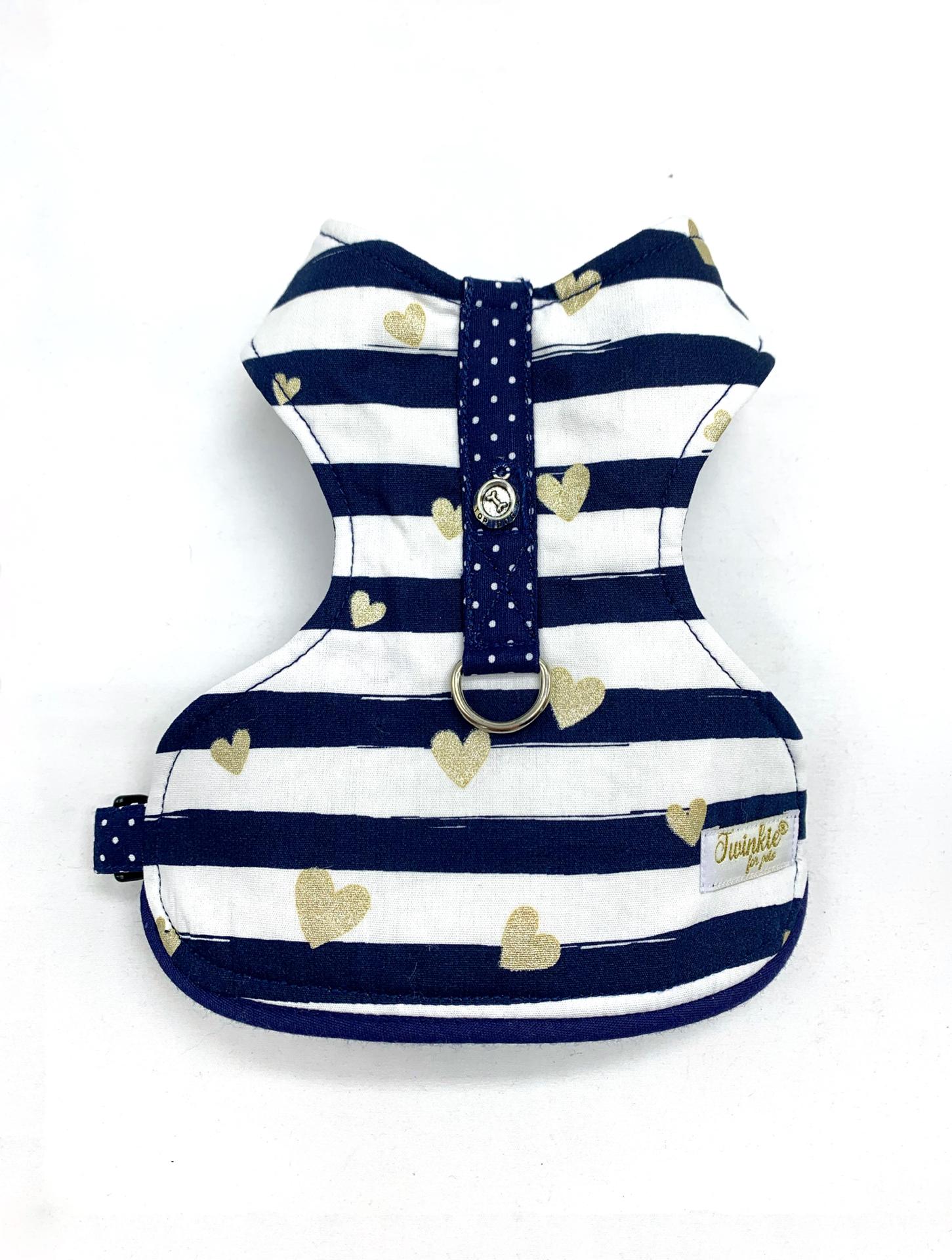 Colete para cão com riscas azuis e brancas e corações dourados