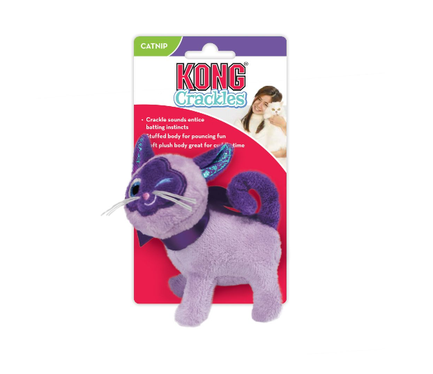 Brinquedo para gato KONG Crackles lilás em pelúcia com embalagem branca e vermelha