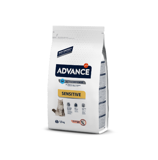Pacote de alimento para gatos ADVANCE Sensitive branco com detalhes em azul e amarelo
