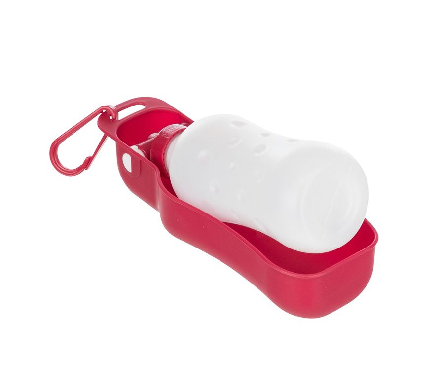 Dispensador portátil para líquidos de animais com garrafa branca e suporte vermelho