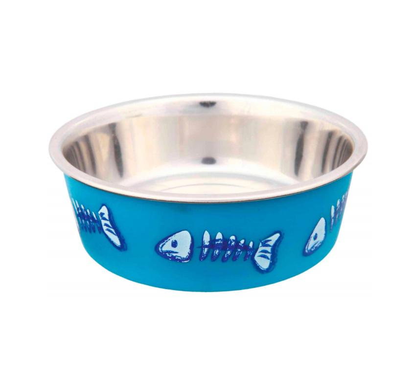 Taça para animais azul com padrão de ossos de peixe