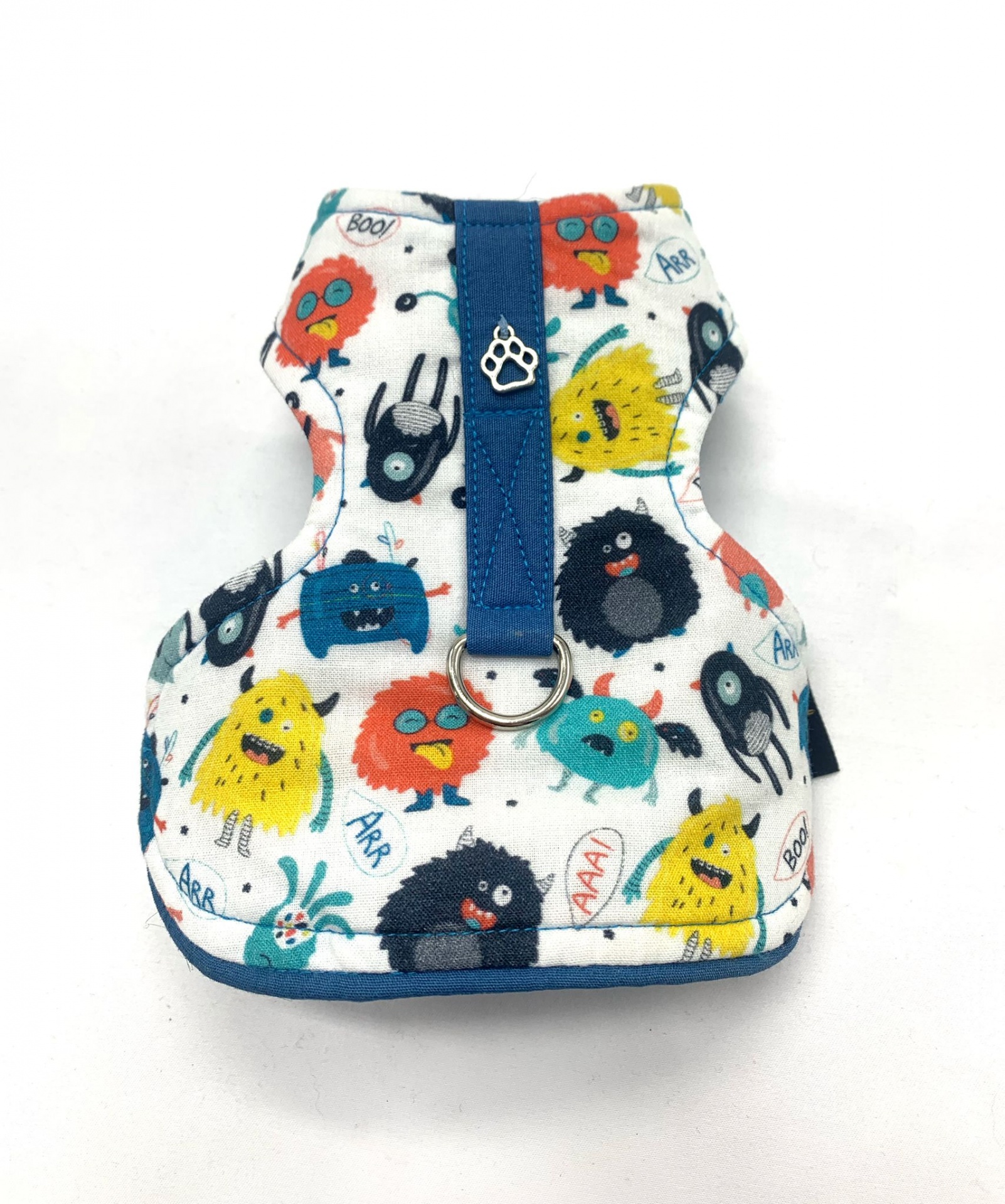 Colete para cão com estampado de monstros coloridos e detalhe azul escuro