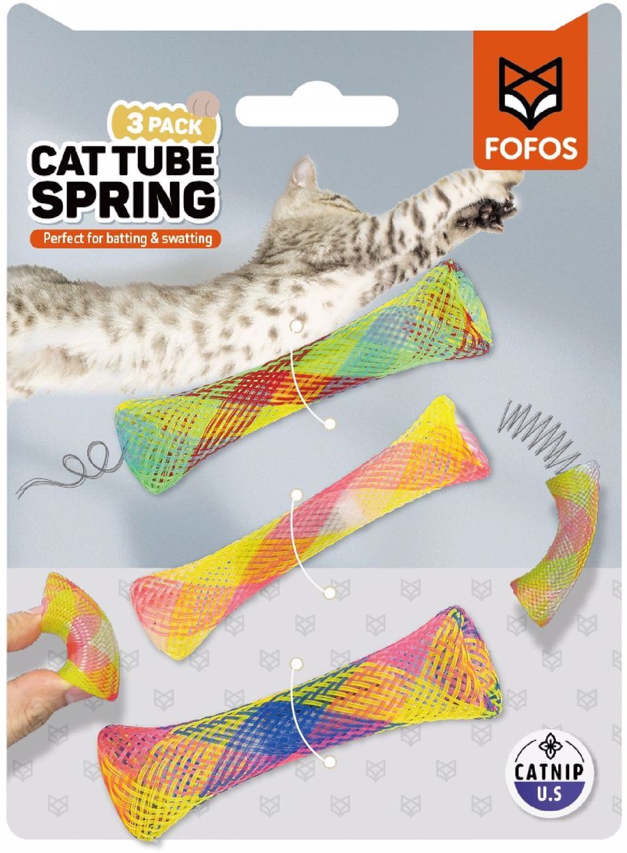 Brinquedos para gatos coloridos em embalagem com texto e mola visível