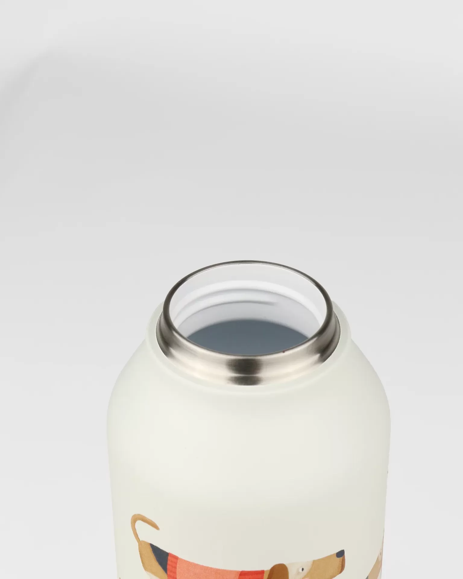 Garrafa térmica branca com bocal em aço inoxidável e desenho de cachorro