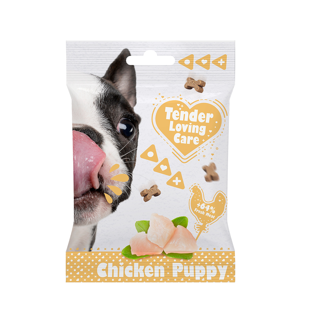 Embalagem branca de snacks para cães com cão e texto Tender Loving Care