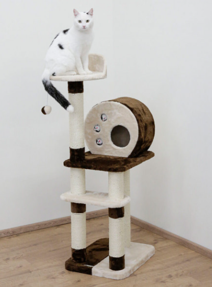 Arranhador para gatos bege e castanho com túnel circular e bola pendurada