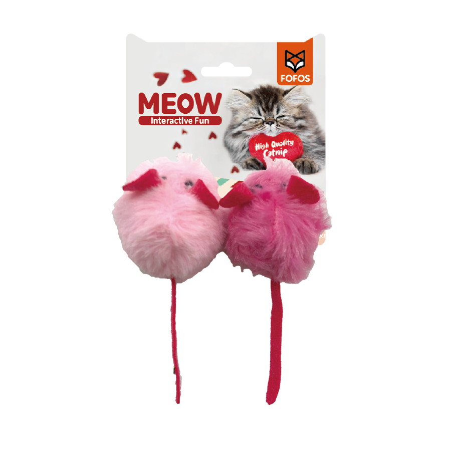 Brinquedo de pelúcia para gatos rosa com embalagem branca e texto MEOW Interactive Fun