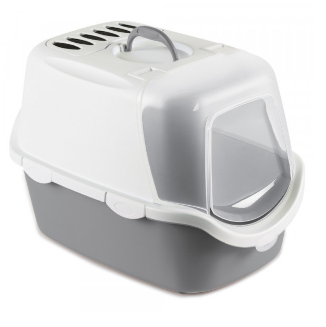 Caixa de areia para gatos em plástico cinza e branco com porta transparente e pega