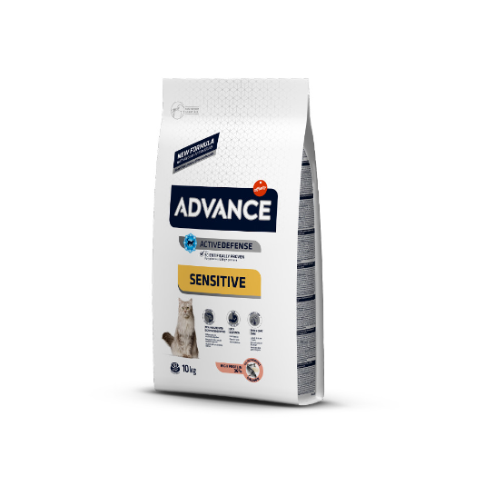 Saco de ração para gatos Advance Sensitive 10 kg branco e azul