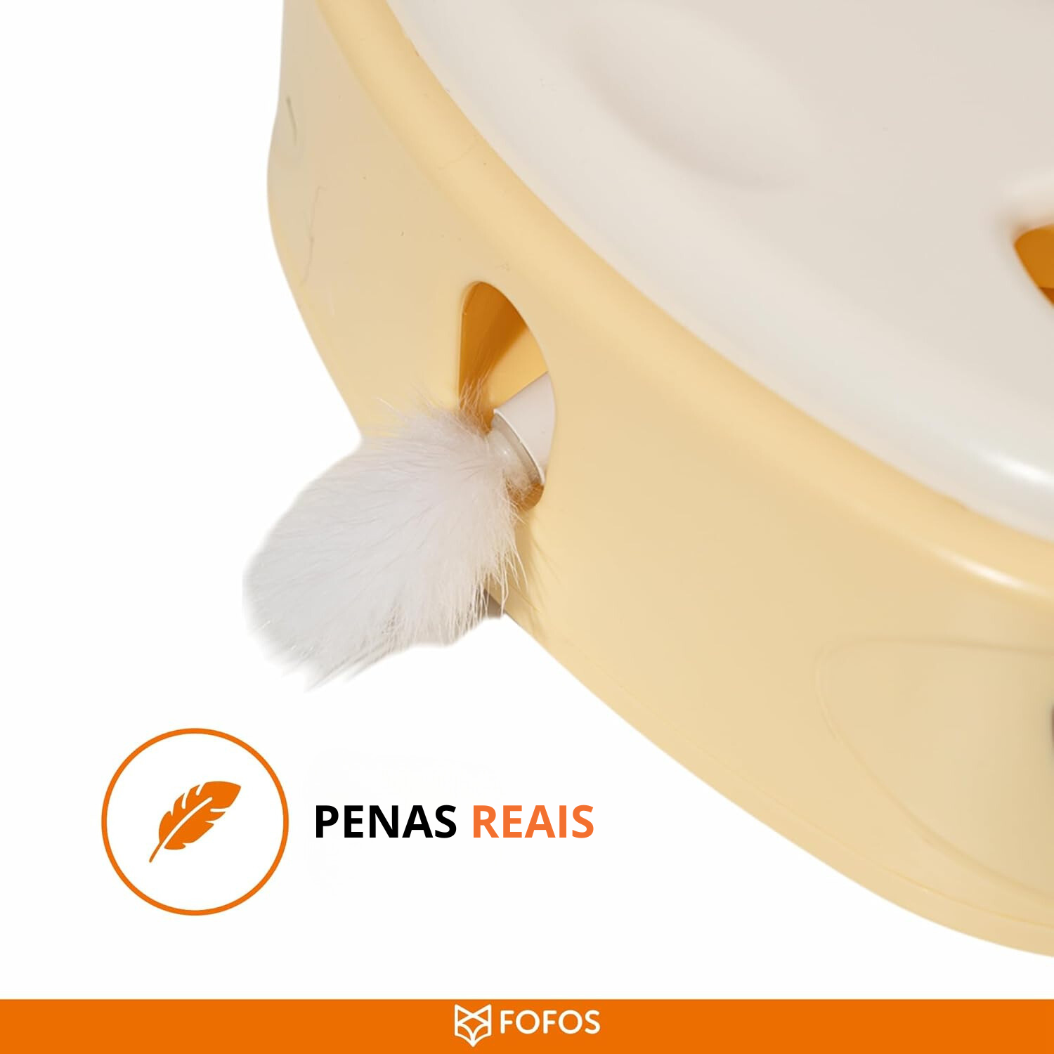 Caixa amarela com pena real branca e texto PENAS REAIS