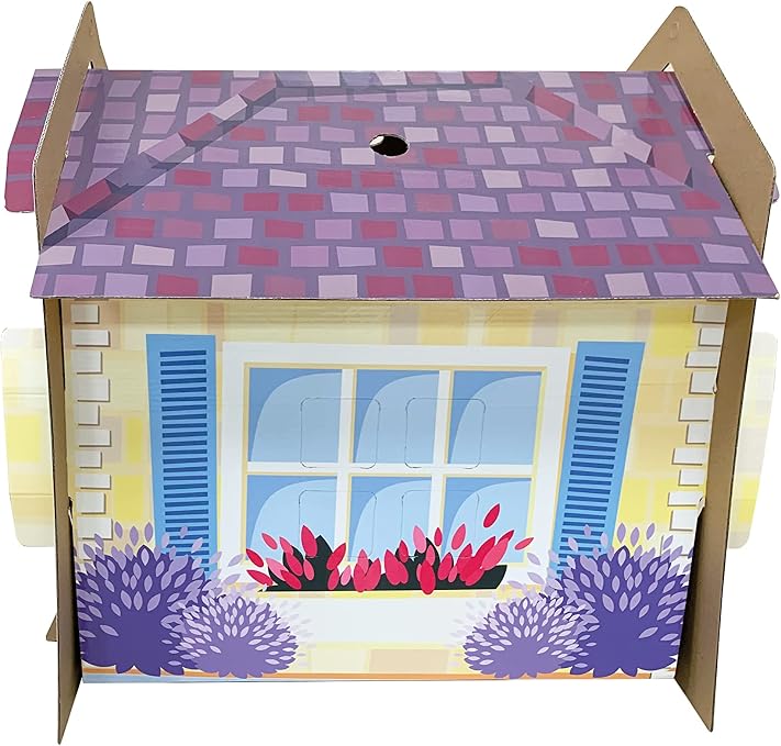 Caixa de cartão dobrável com design de casa colorida e flores.