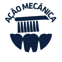 Logótipo azul com texto 'AÇÃO MECÂNICA' e ilustração de escova e dentes