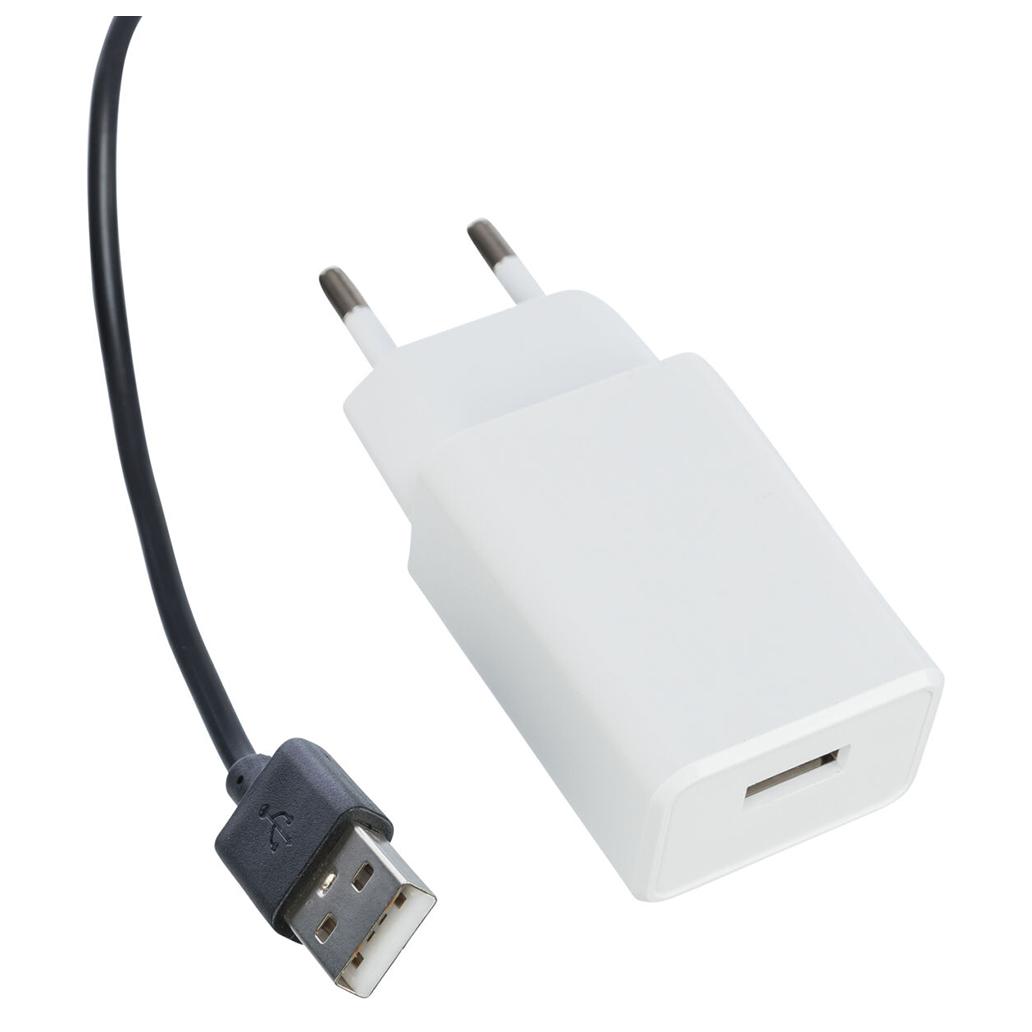 Carregador de tomada branco com cabo USB preto e conector USB tipo A