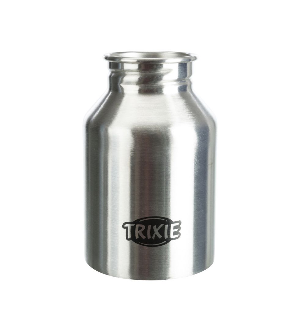 Garrafão de metal prateado com o logotipo TRIXIE