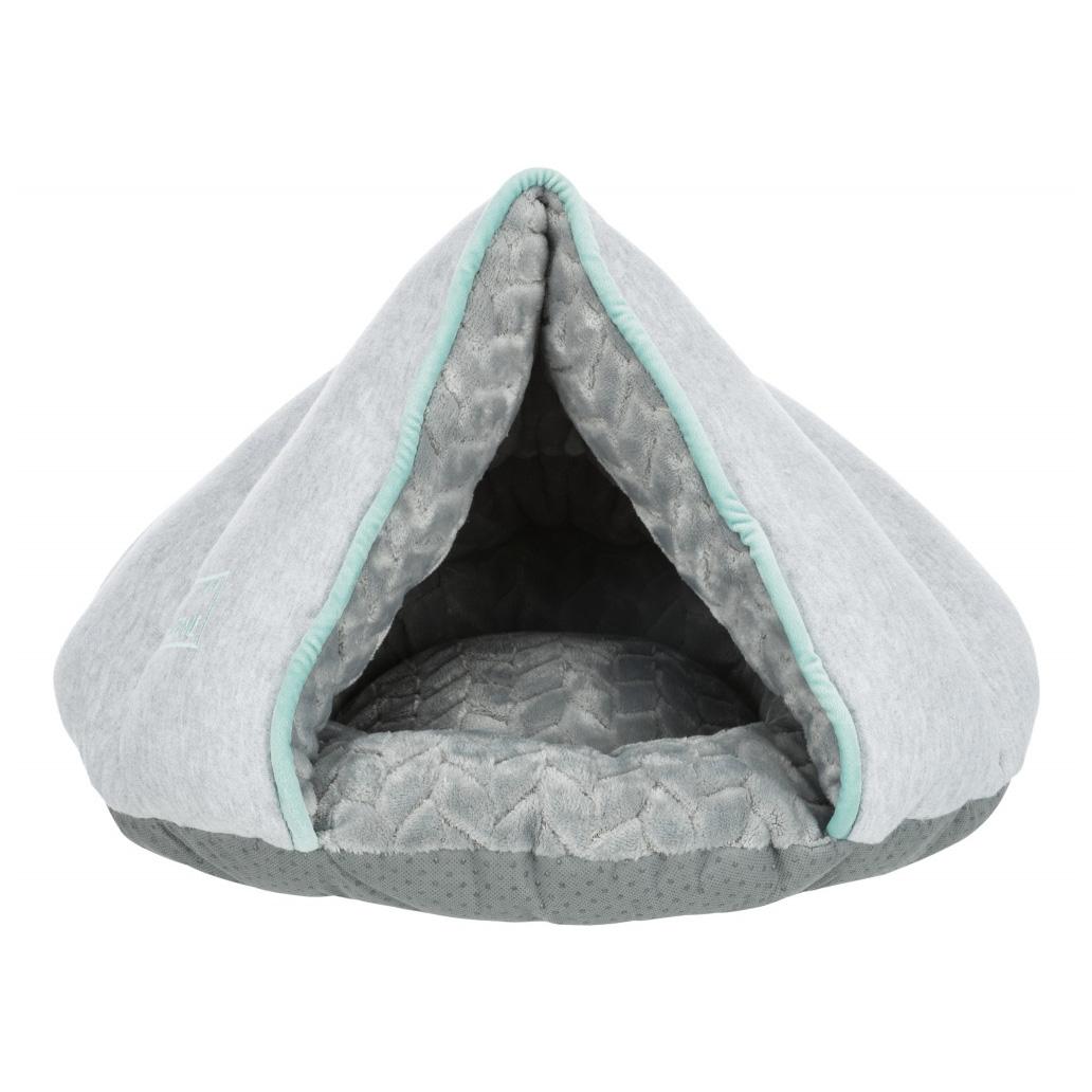 Cama para animais cinzenta em forma de tenda com interior acolchoado