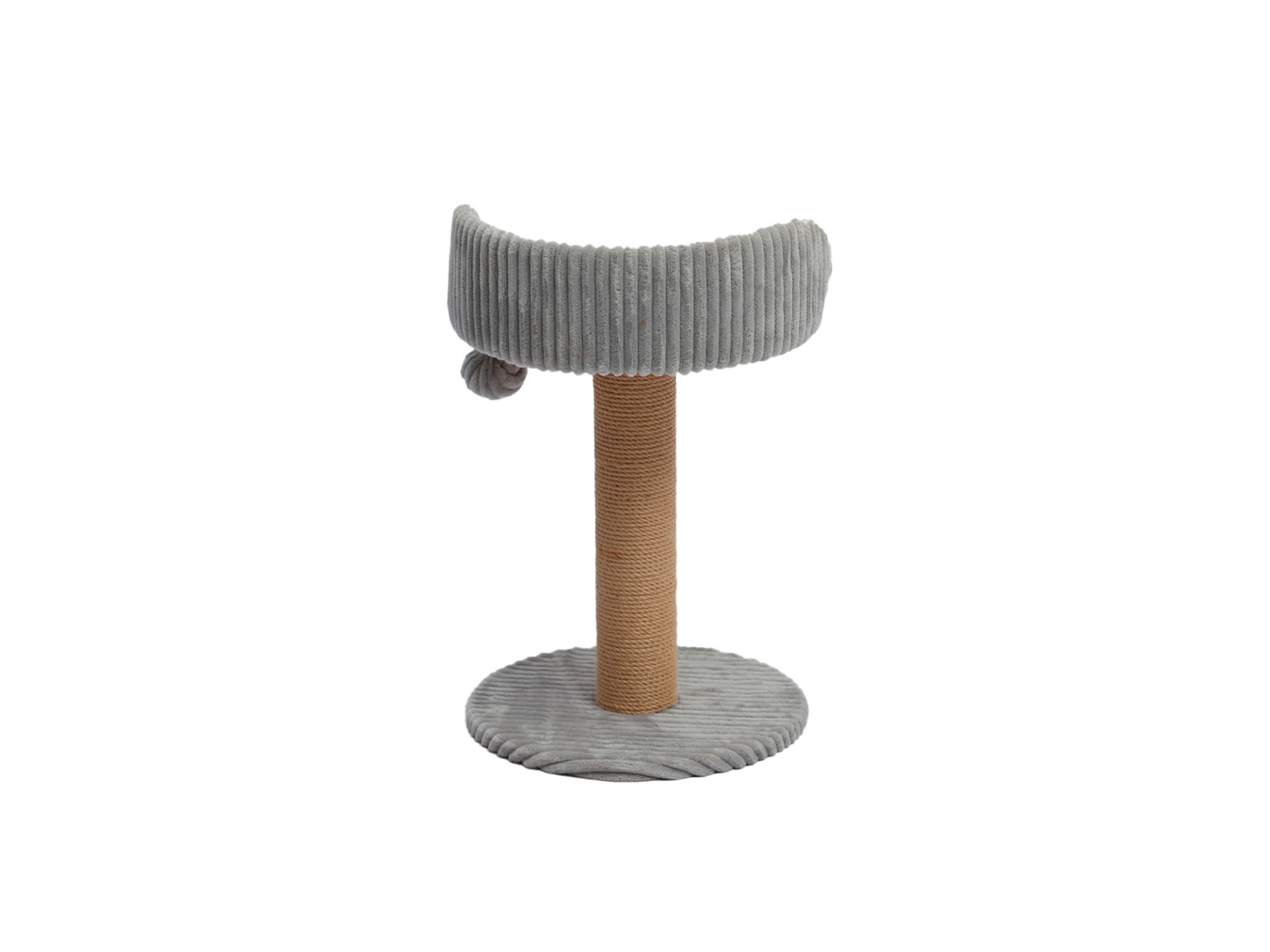 Arranhador para gatos com base e plataforma cinzentas em tecido e poste em corda de sisal.