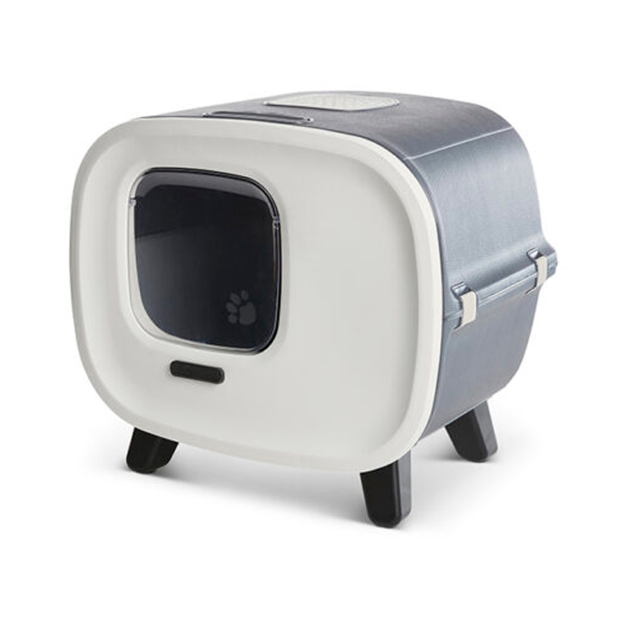 Casinha para animais de estimação cinzenta e branca com porta transparente e pernas pretas