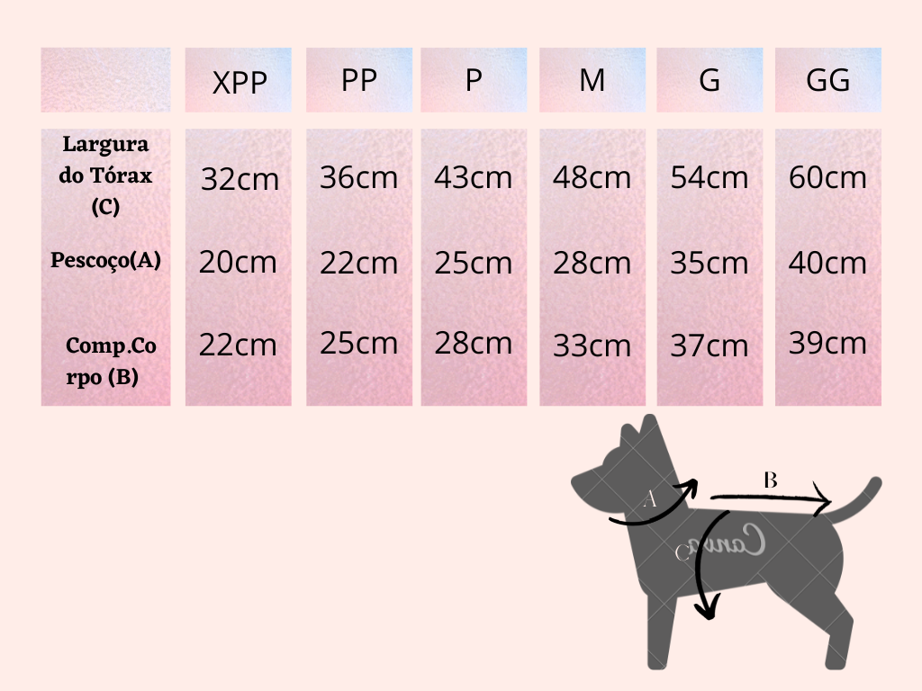 Tabela de tamanhos para roupa de cão com medidas e ilustração de cão mostrando pontos de medição.