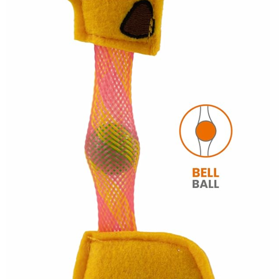 Brinquedo para animais com tecido amarelo, rede rosa e bola verde interior, texto BELL BALL