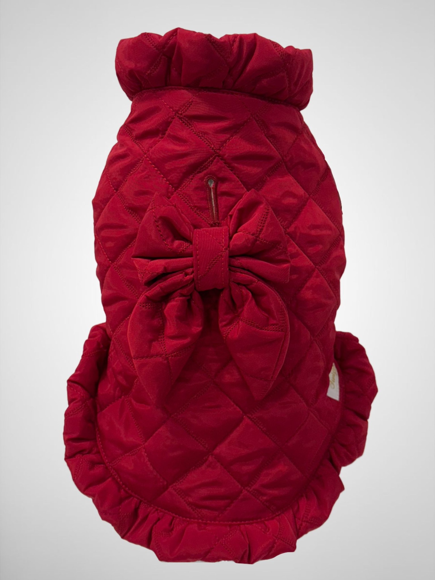 Capa vermelha acolchoada para cão com laço e babados