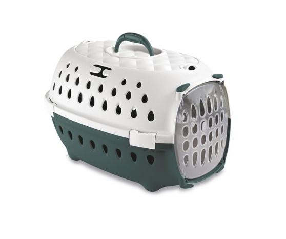 Transportadora para animais em plástico branco e verde com porta transparente
