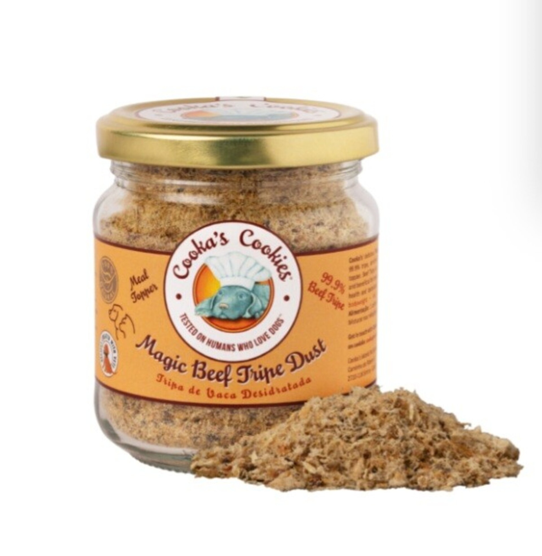 Frasco de pó para comida de cães com etiqueta laranja e tampa dourada