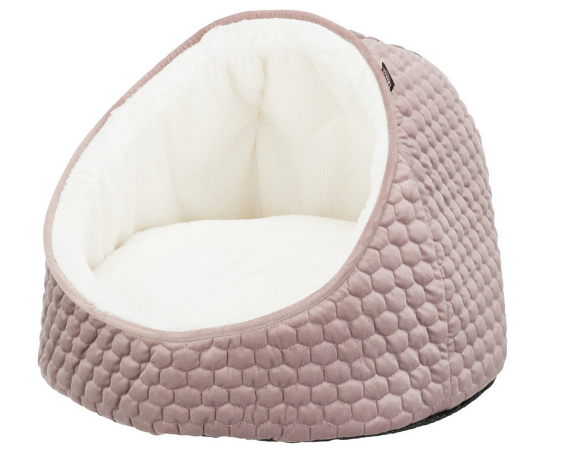 Cama para animais de estimação rosa com interior branco macio e design em forma de cúpula