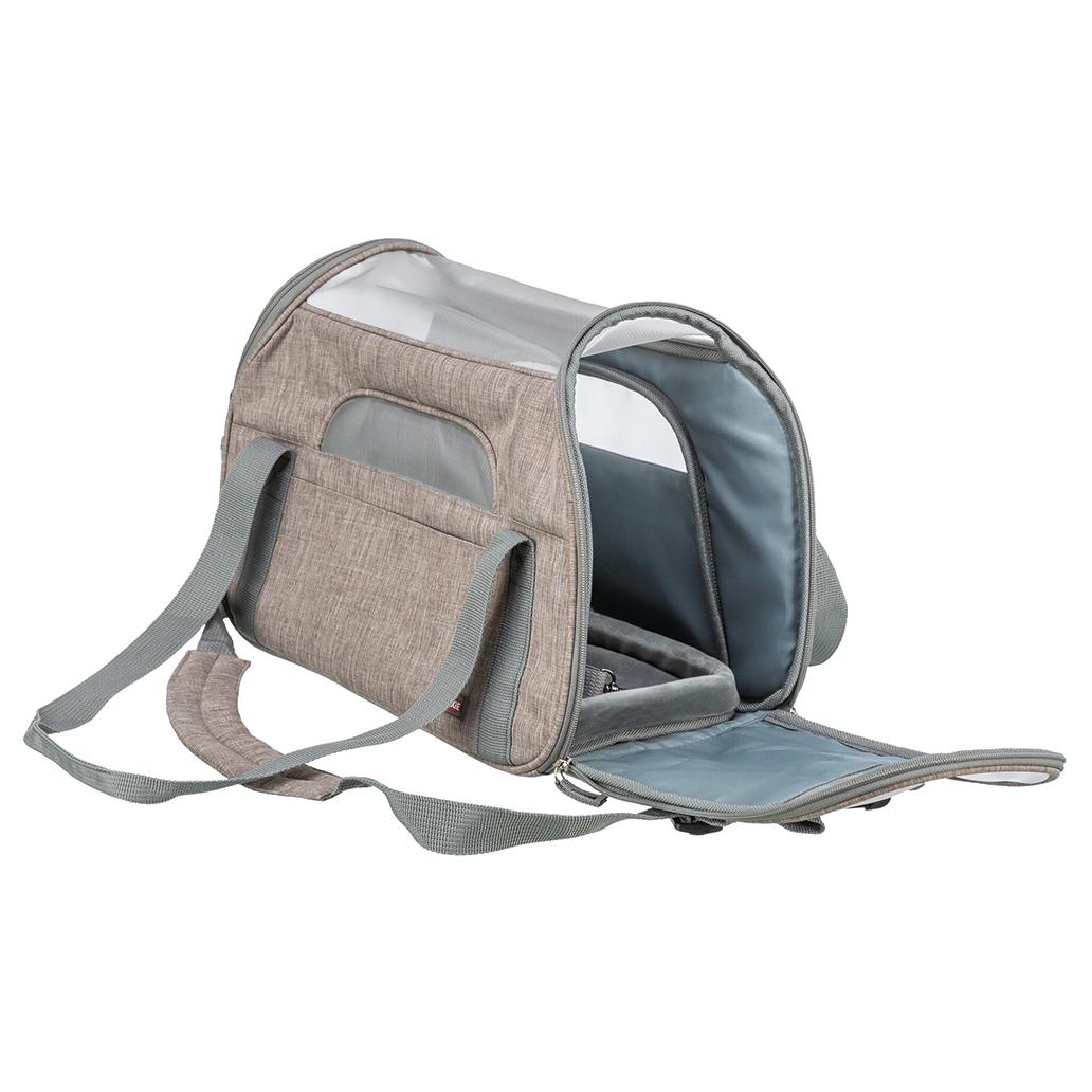 Bolsa de transporte cinzenta para animais com janela em rede e alças ajustáveis