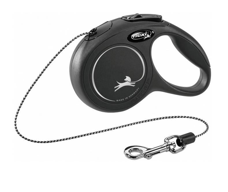 Trela retrátil para cães em preto com cabo de nylon preto e branco e gancho prateado