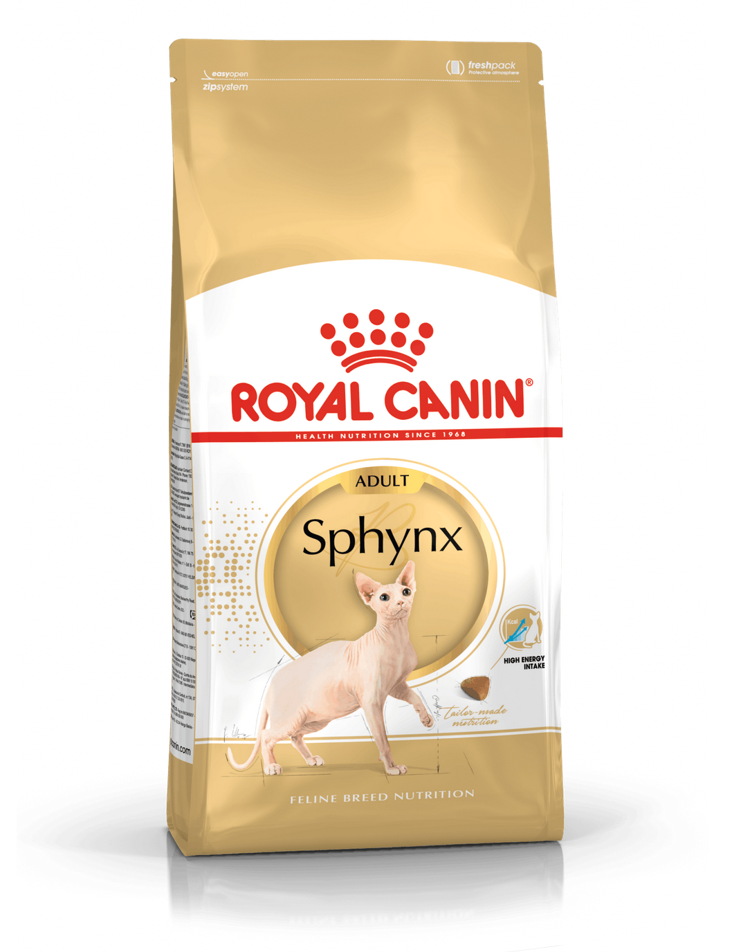 Saco de ração Royal Canin Adult Sphynx com imagem de gato careca e texto informativo