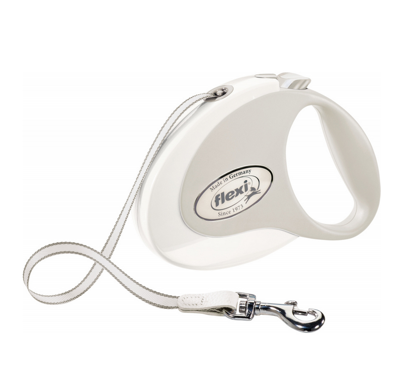 Trela retrátil para cães branca e cinzenta da marca flexi com cordão e mosquetão