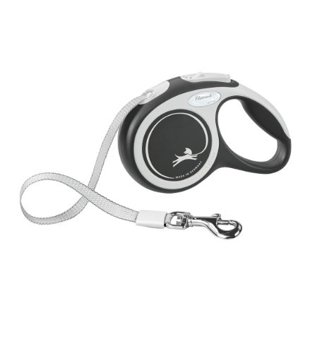 Trela retráctil preta e branca para cães com botão de controlo