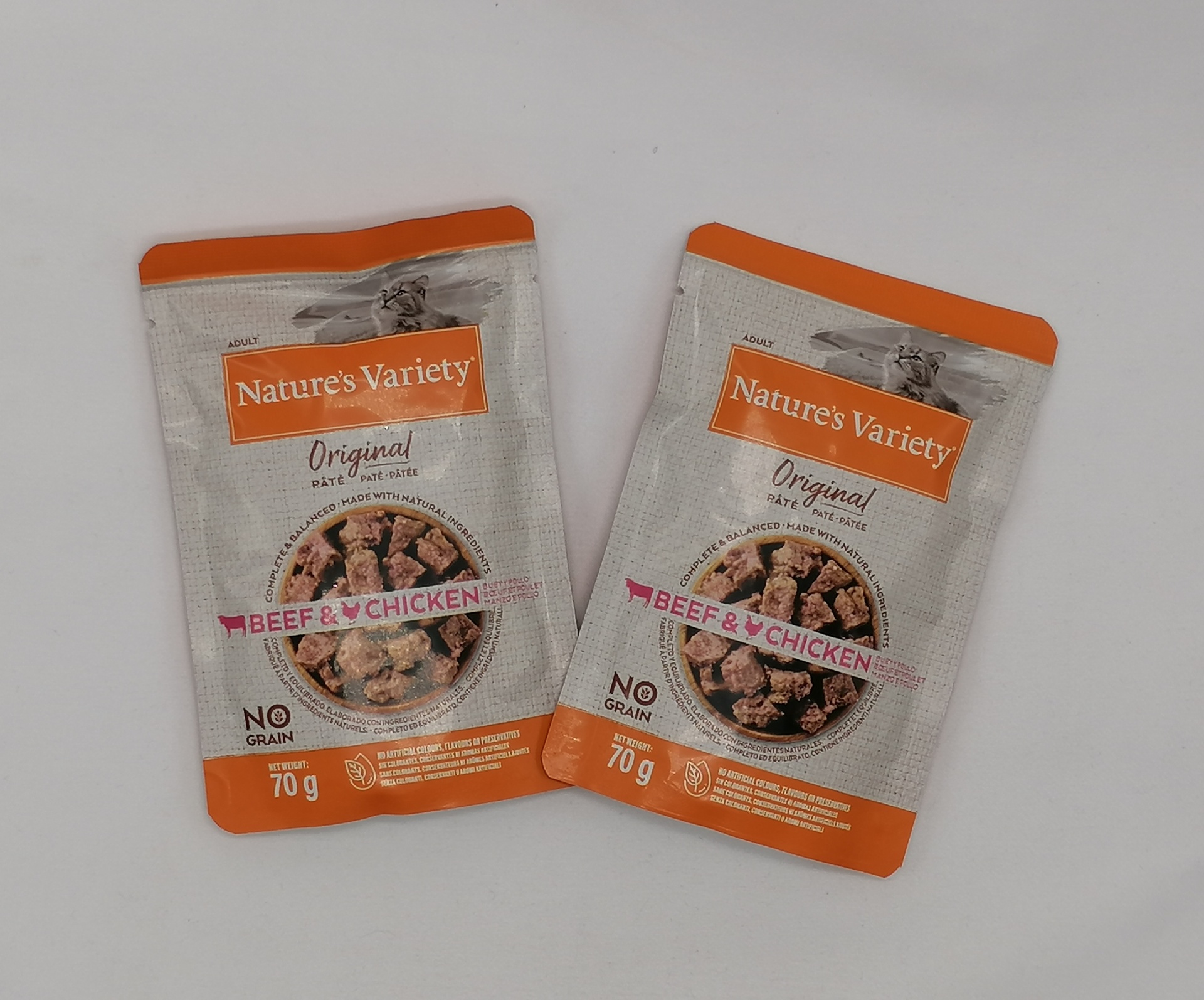 Pacotes de comida Nature's Variety Original Beef & Chicken para animais, 70 g cada