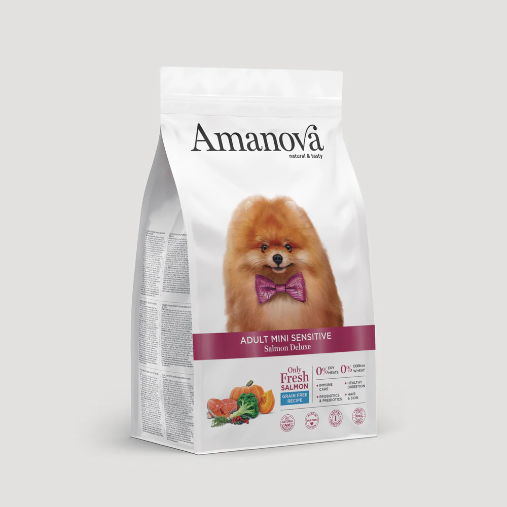 Saco branco para comida de cão Amanova com imagem de cão castanho e laço rosa