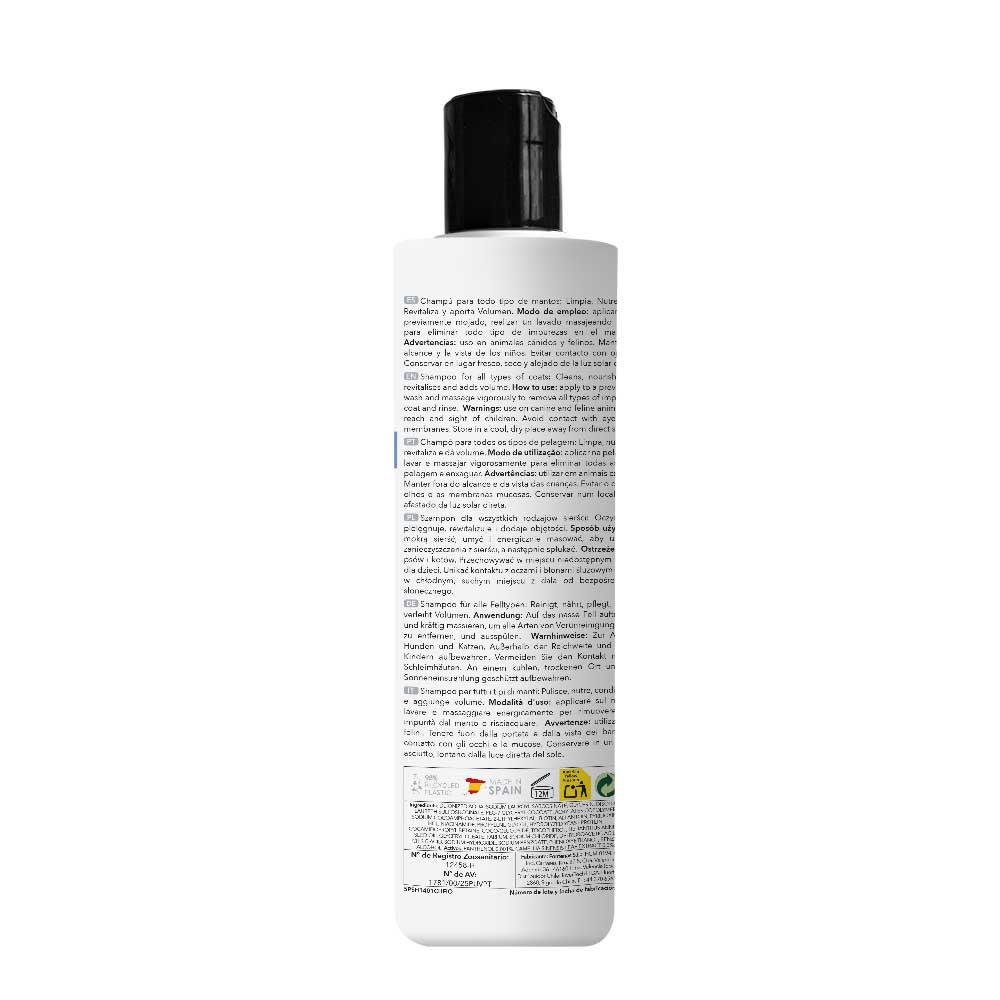 Frasco branco de shampoo com tampa preta e texto multilíngue.