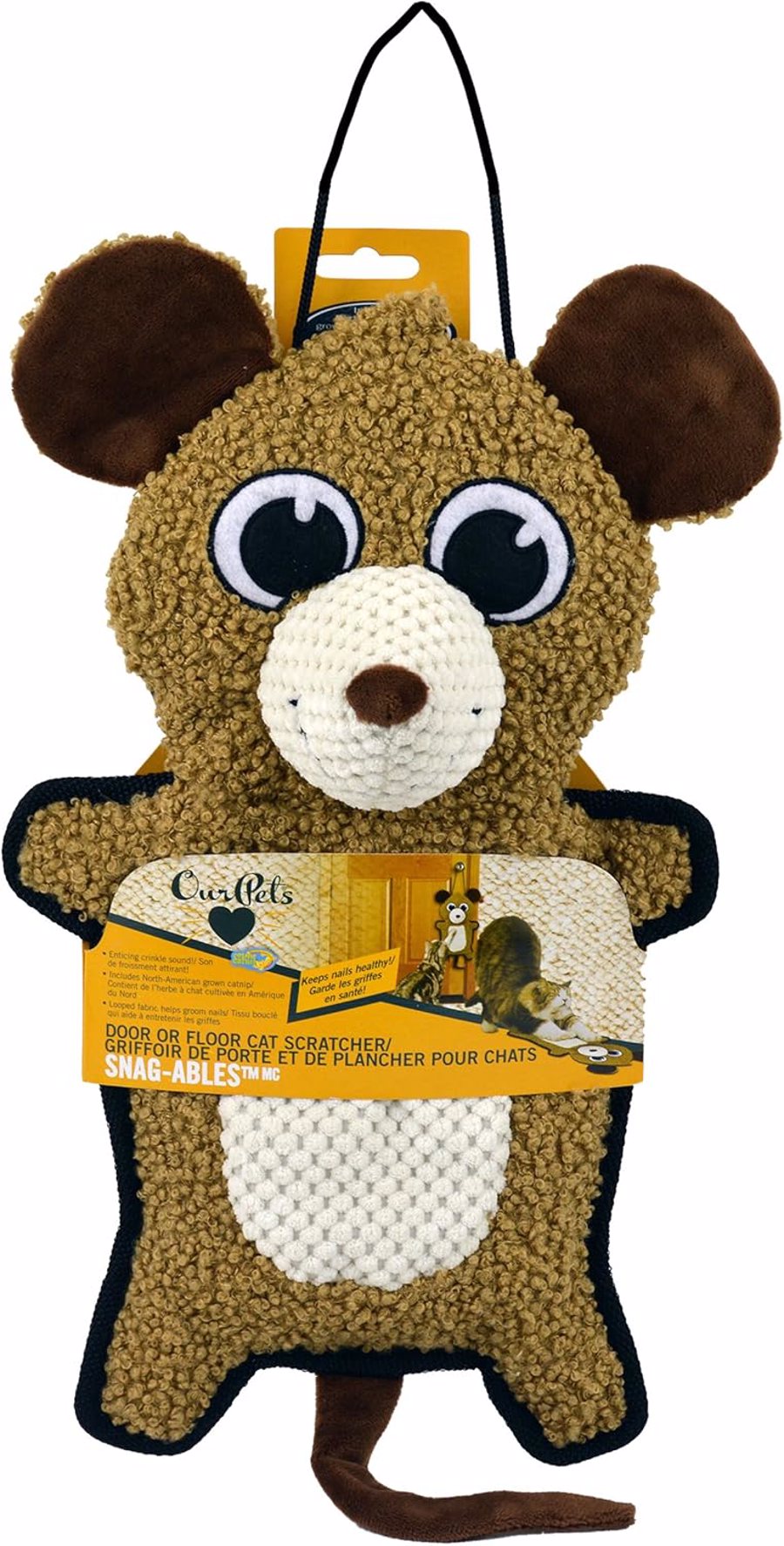 Peluche de rato castanho para gatos com etiqueta amarela