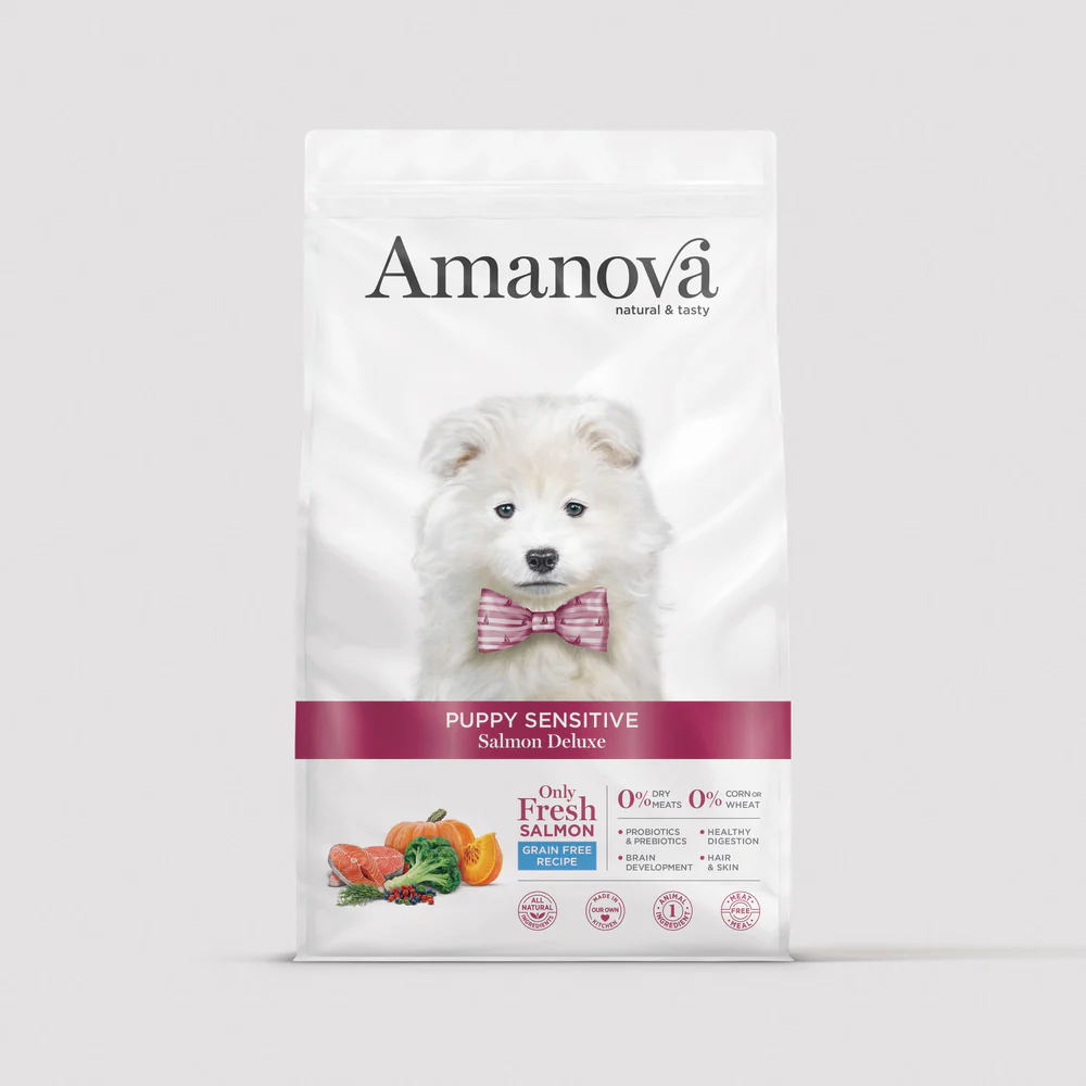 Saco de ração Amanova Puppy Sensitive para cachorros com salmão