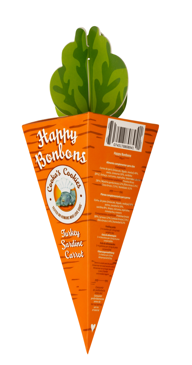 Embalagem em forma de cenoura laranja com tampa verde para biscoitos para cães Happy Bonbons