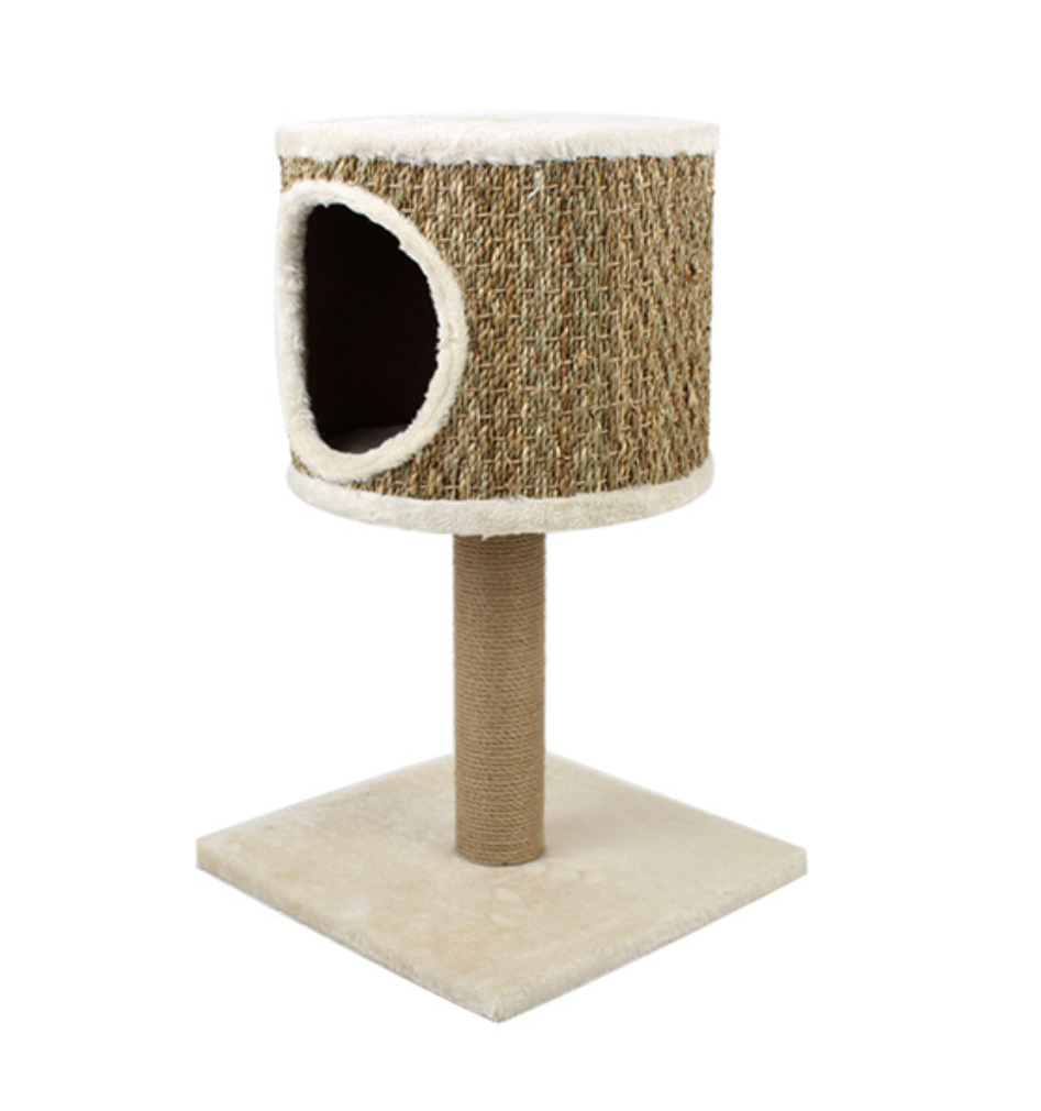 Arranhador para gatos com base quadrada, poste de sisal e casa circular revestida em fibra natural e tecido creme