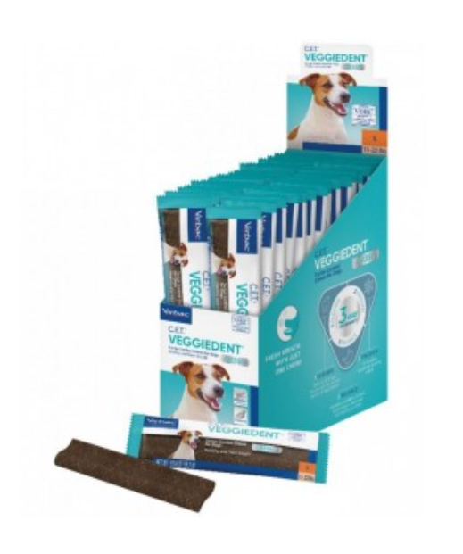 Embalagens de snacks dentais para cães VEGGIEDENT da Virbac e stick dental
