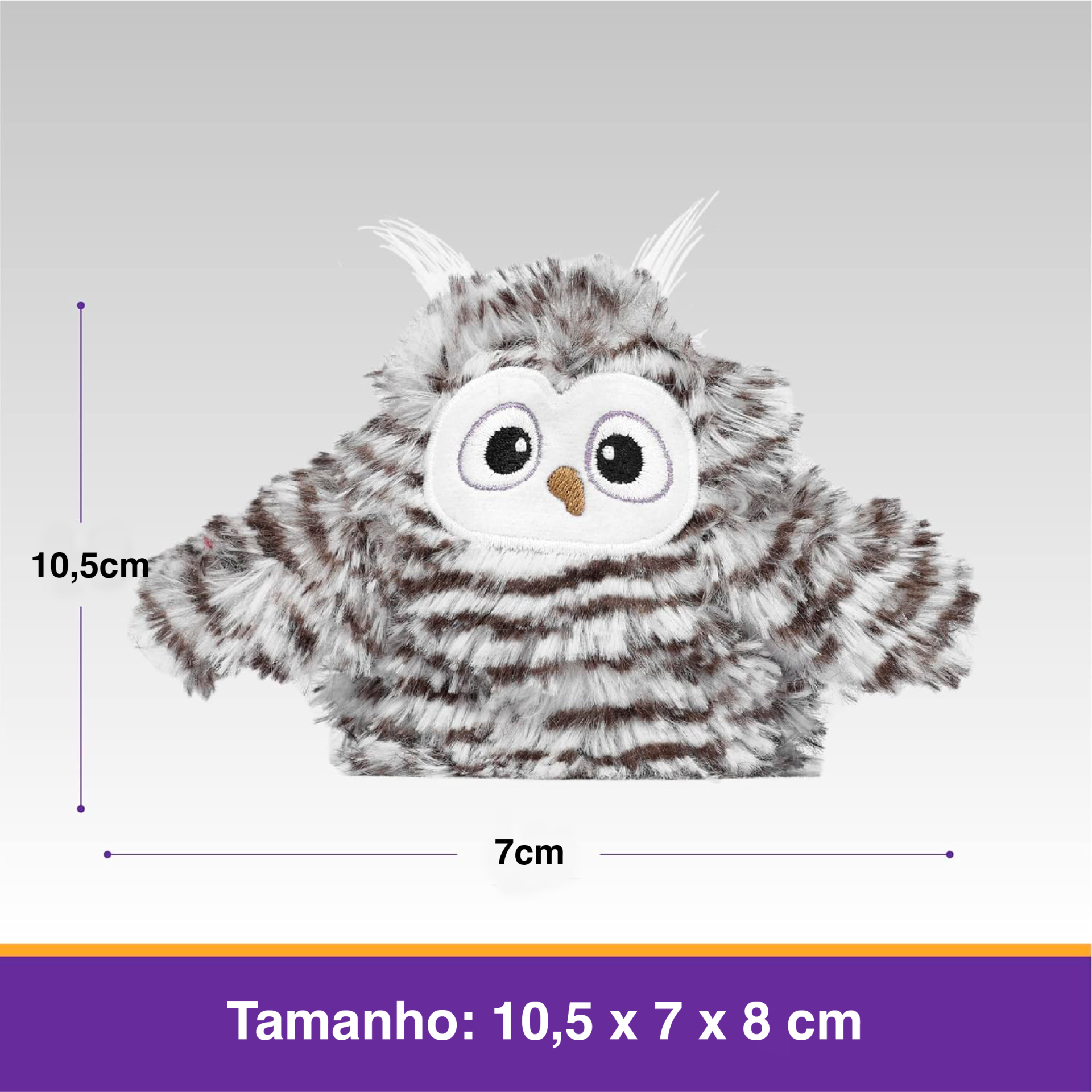Pelúcia de coruja cinzenta com listras brancas e olhos grandes.