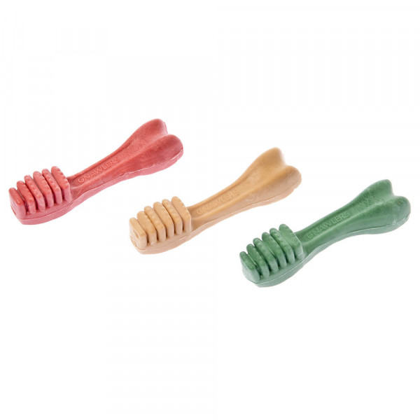 Três brinquedos para cães em forma de osso em vermelho, bege e verde.