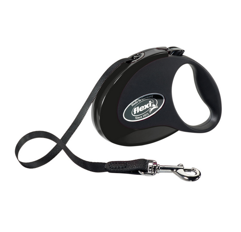 Trela retráctil preta flexi para cães com fita azul escura e gancho metálico