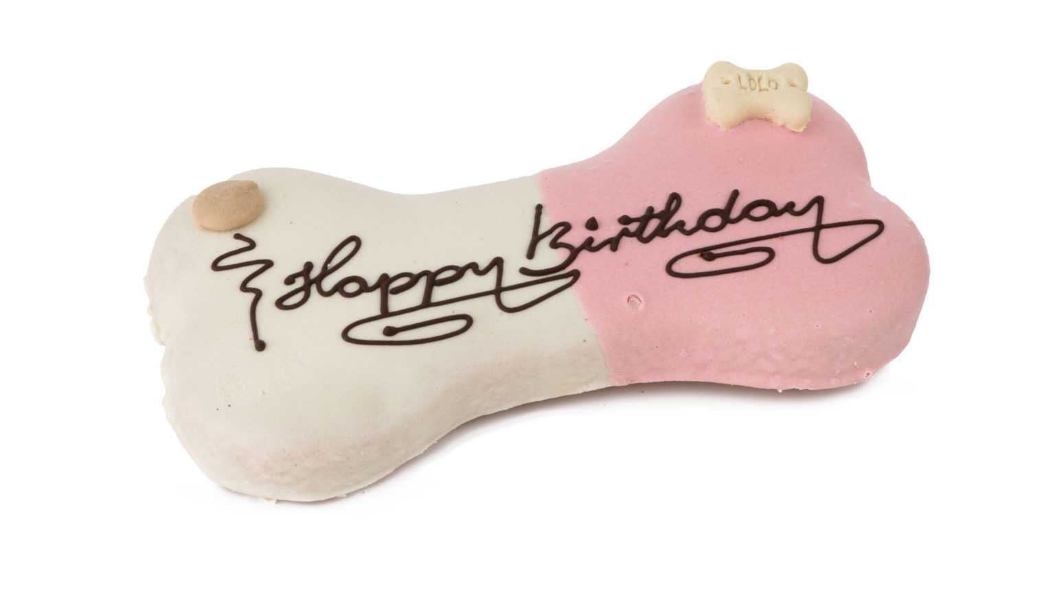 Biscoito para cão em forma de osso com glacê branco e rosa e texto Happy Birthday.