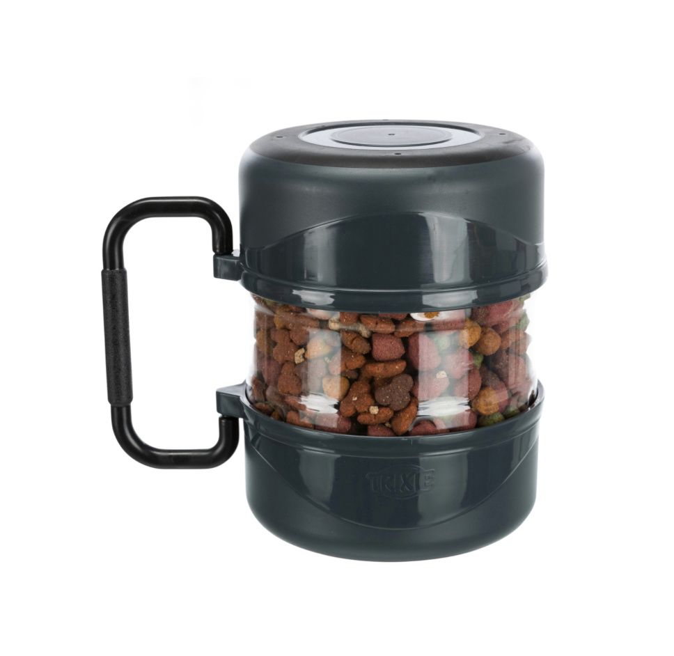 Recipiente portátil para comida de cão com tampa preta e corpo transparente com comida dentro