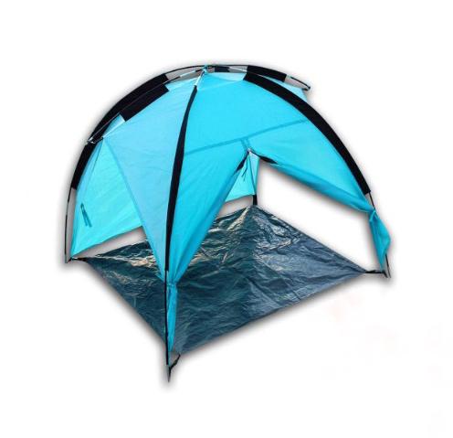 Tenda de praia azul claro e preto com base prateada