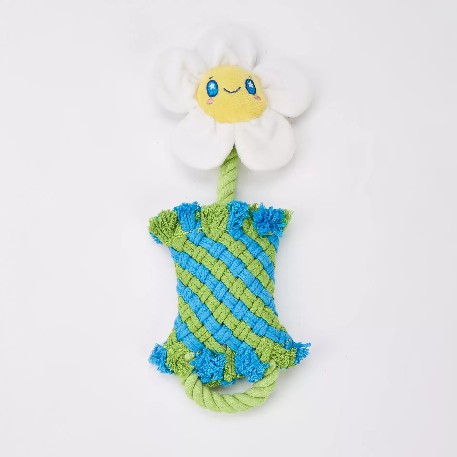 Brinquedo para cão em forma de flor colorida com tecido macio e trançado.