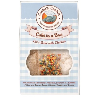 Embalagem azul xadrez com mistura para bolo e confetis coloridos