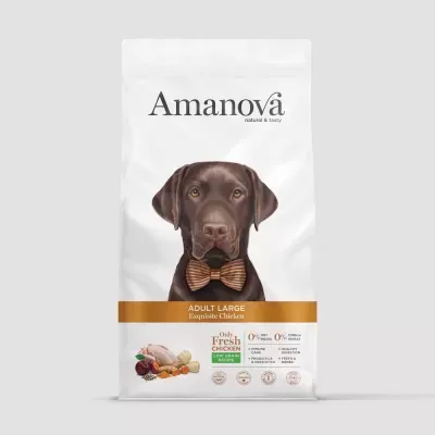 Saco branco de ração Amanova para cães adultos grandes com imagem de cão castanho e texto de ingredientes e benefícios.