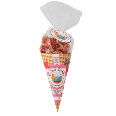 Saco plástico com cone tipo casquinha e cookies coloridos